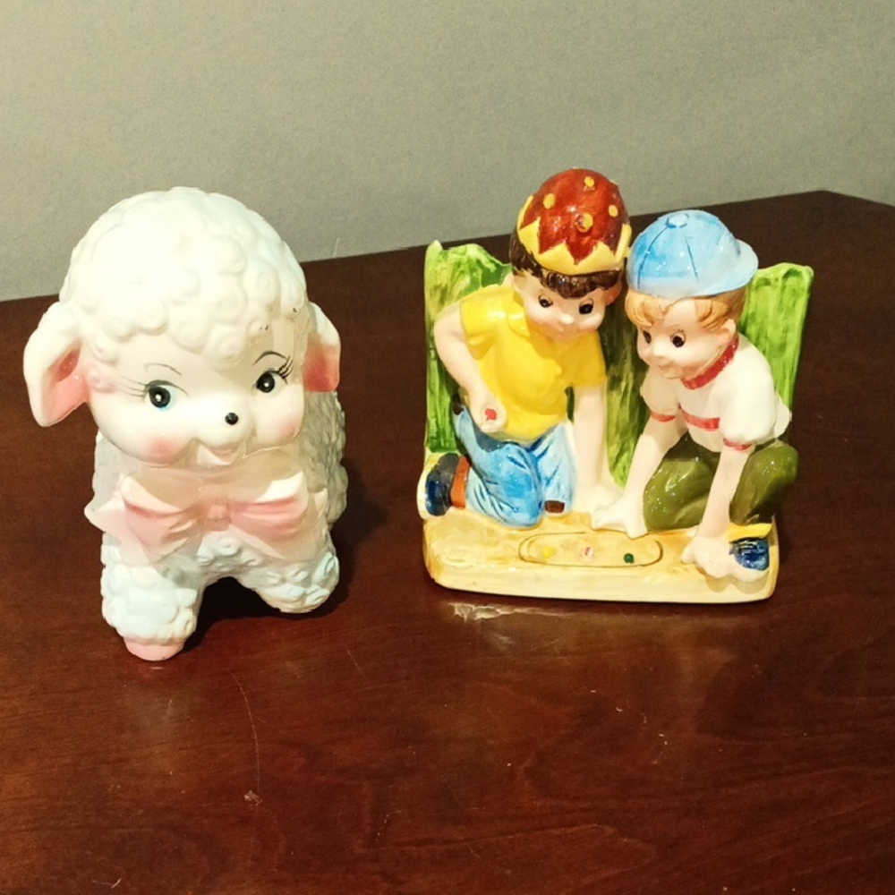 VTG planter set.  Charming White and Pink Lamb and two boys playing marbles.